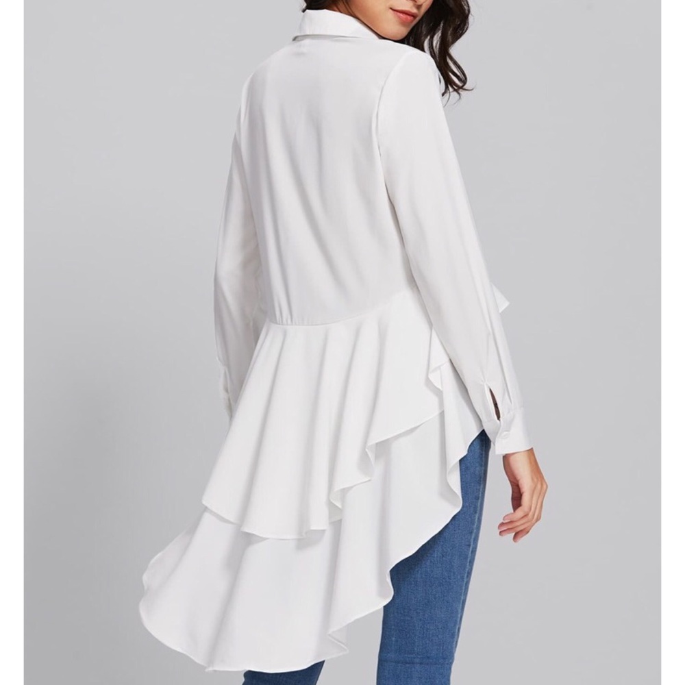 White High Low Ruffles Hem Button Down Blouse - Picture 3 of 6